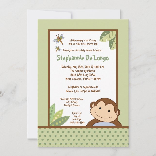 5x7 Papagayo Monkey Safari Baby Shower Invitation (Front)