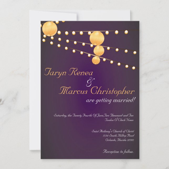5x7 Paper Lanterns Purple Linen Wedding Invitation (Front)