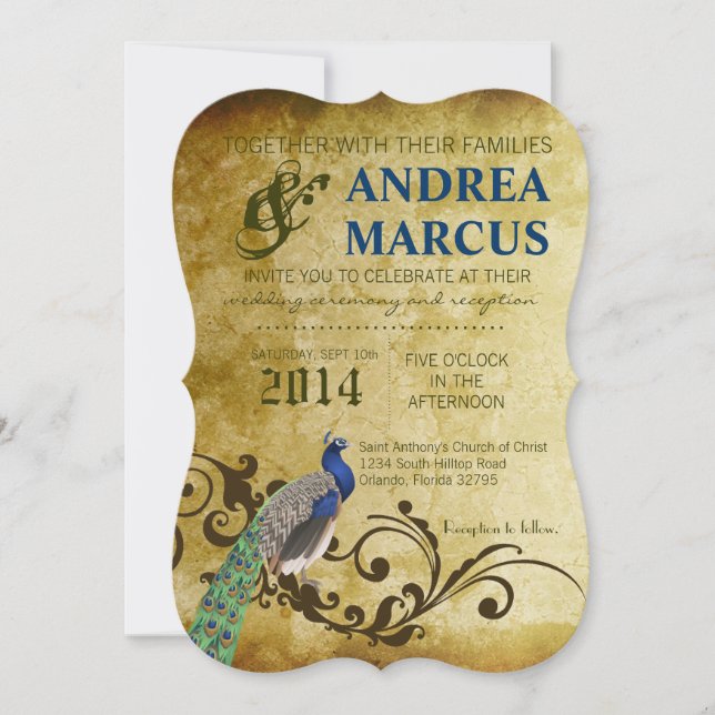 5x7 Peacock Feathers Vintage Wedding Invitation (Front)