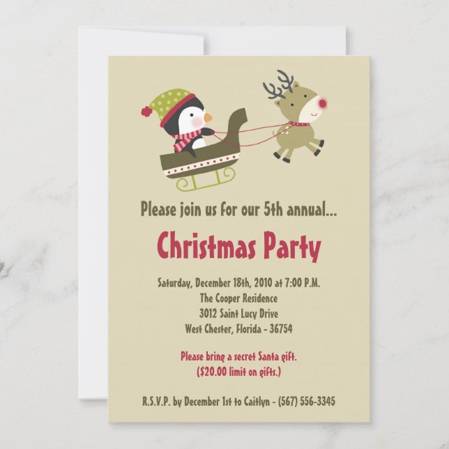 5x7 Pengui Rudolf Sky Christmas Party Invitation (Front)