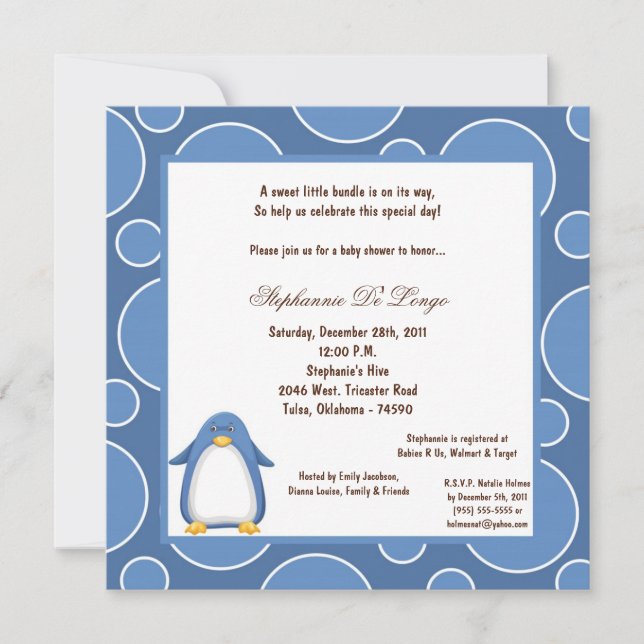 5x7 Penguin Pok-a-Dot Baby Shower Invitation (Front)