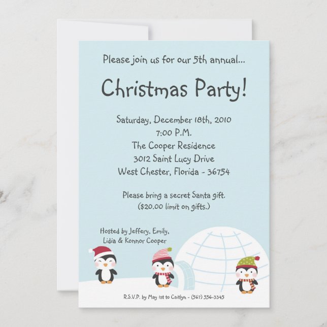 5x7 Penguins Igloo Christmas Party Invitation (Front)