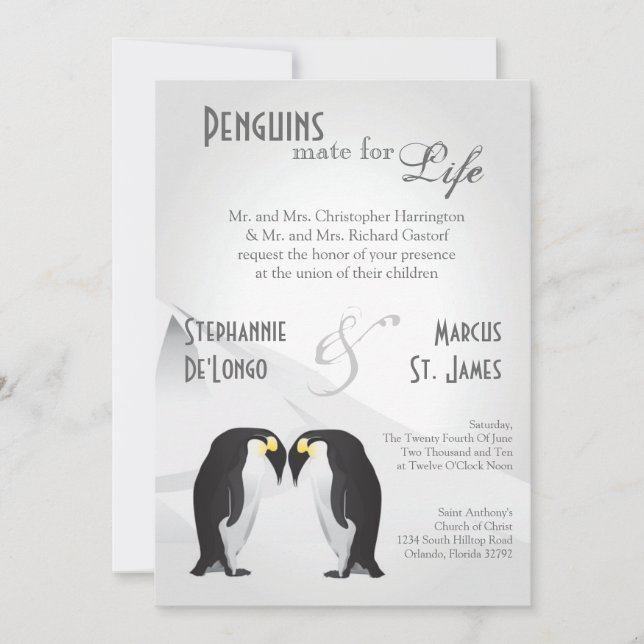 5x7 Penguins Mate for Life Grey Wedding Invitation (Front)