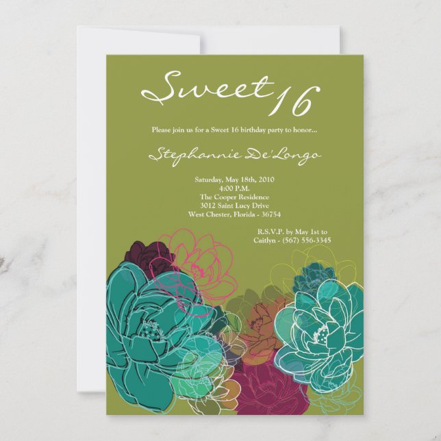 5x7 Peony Flower Sweet 16 Birthday Invitation (Front)