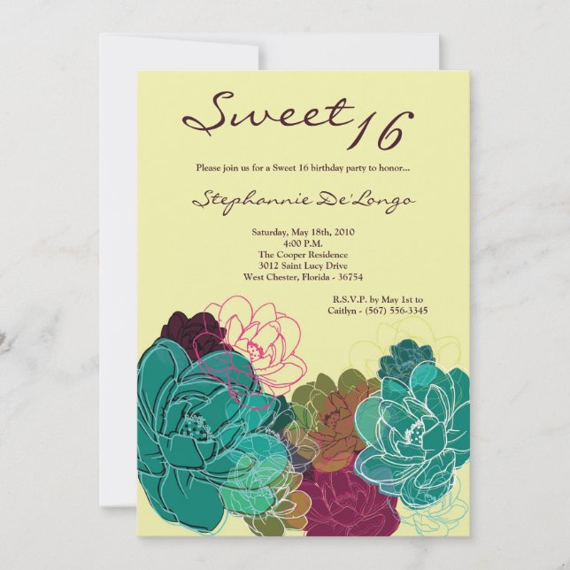 5x7 Peony Flower Sweet 16 Birthday Invitation (Front)
