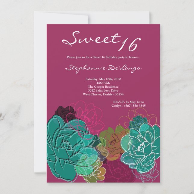 5x7 Peony Flower Sweet 16 Birthday Invitation (Front)