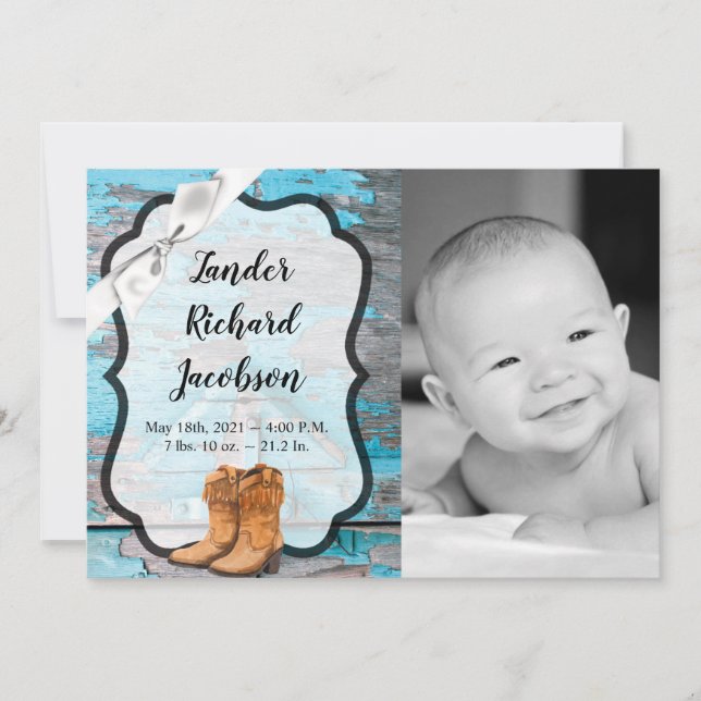 5x7 Photo Birth Announcement Army Blue Wood Barn D (Front)