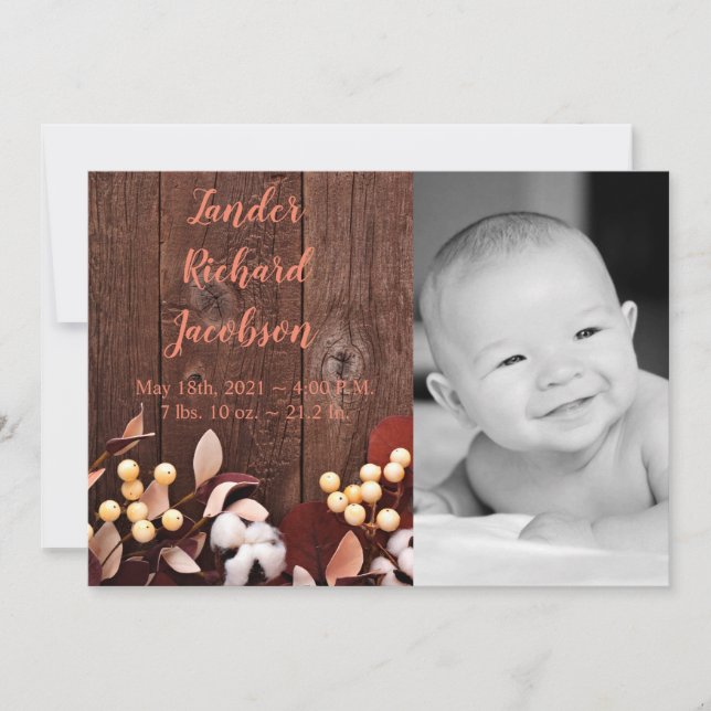 5x7 Photo Birth Announcement Army Cotton Branch on (Front)