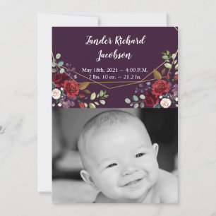 5x7 Photo Birth Announcement Army Plum Purple Rose