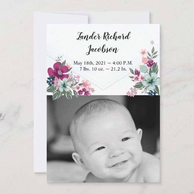 5x7 Photo Birth Announcement Army Tropical Flowers (Front)