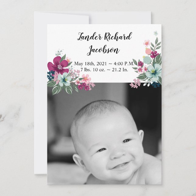 5x7 Photo Birth Announcement Army Tropical Flowers (Front)