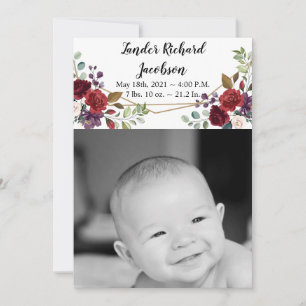 5x7 Photo Birth Announcement Army White Roses Gold
