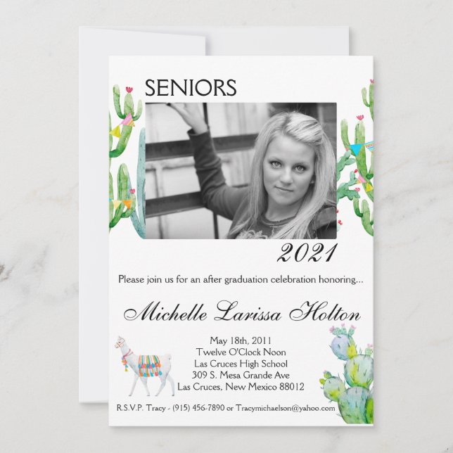 5x7 Photo Graduation Party Invitation Boho Llama B (Front)