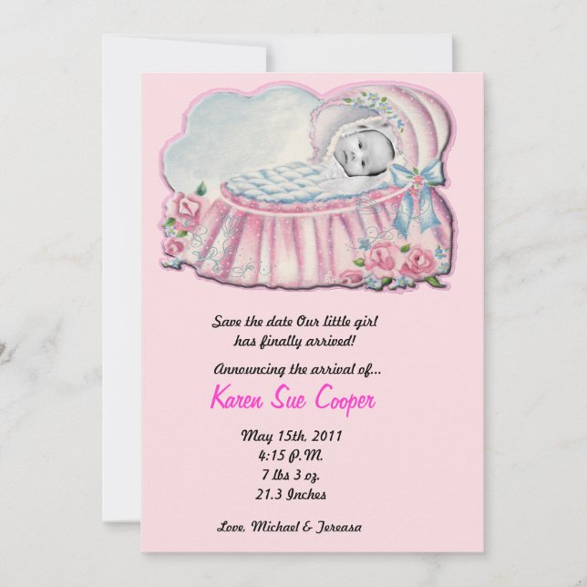 5x7 PHOTO Pink & Blue Basanet Birth Announcement (Front)