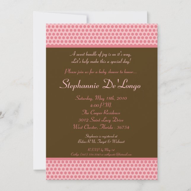 5x7 Pink and Brown Polkadot Baby Shower Invitation (Front)