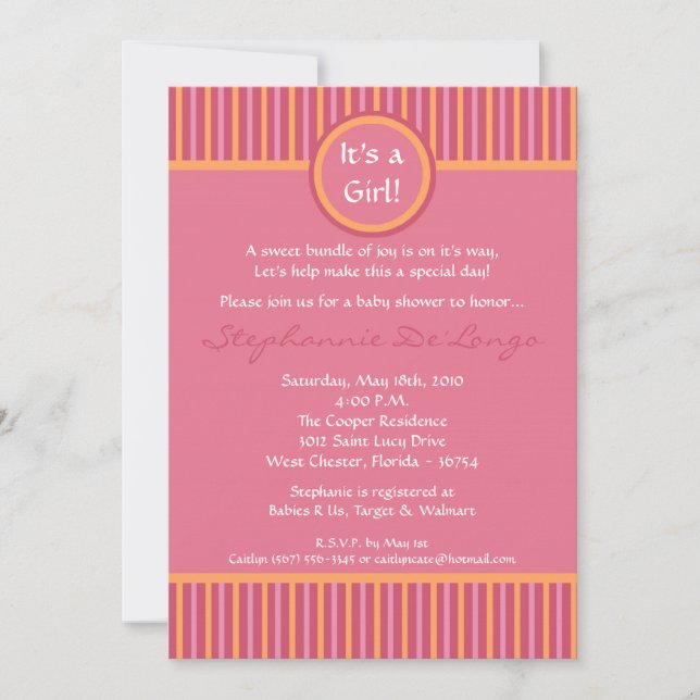 5x7 Pink and Orange Striped Baby Shower Invitation (Front)