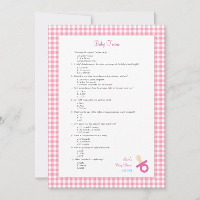 5x7 Pink Baby Trivia Shower Game (Front)