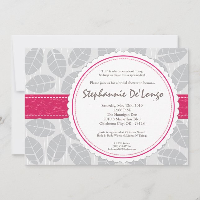 5x7 Pink Band Leaf Foliage Brida Shower Invitation (Front)