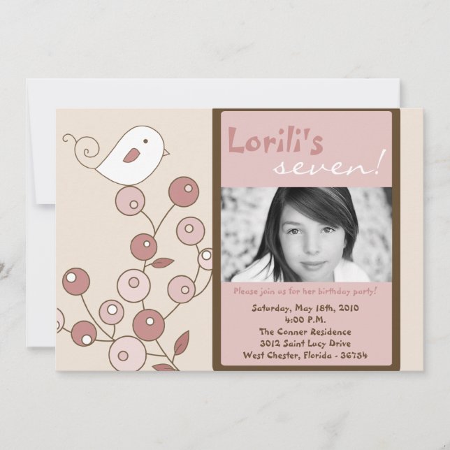 5x7 Pink Bird Photo Birthday Party Invitation (Front)