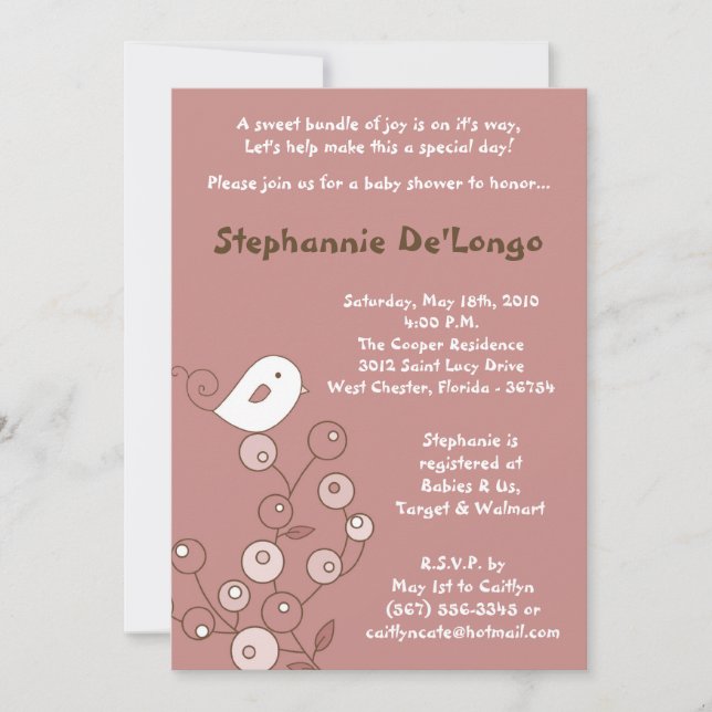 5x7 Pink Bird Retro Bush Baby Shower Invitation (Front)