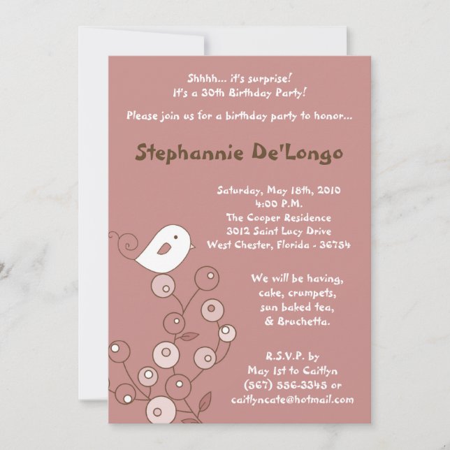 5x7 Pink Bird Retro Bush Birthday Party Invitation (Front)