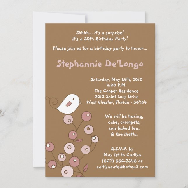 5x7 Pink Bird Retro Bush Birthday Party Invitation (Front)