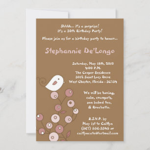 5x7 Pink Bird Retro Bush Birthday Party Invitation