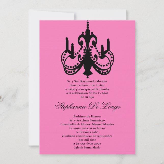 5x7 Pink Chandelier Quinceanera Party Invitation (Front)