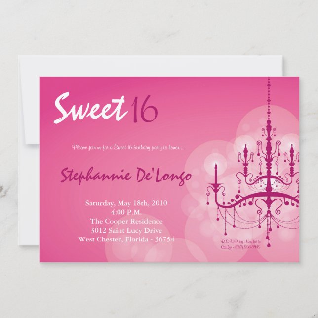 5x7 Pink Chandelier Sweet 16 Birthday Invitation (Front)