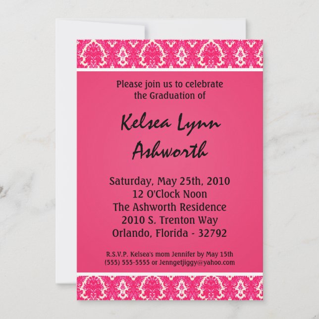 5x7 Pink Damask Graduation Invitation Announce (Front)
