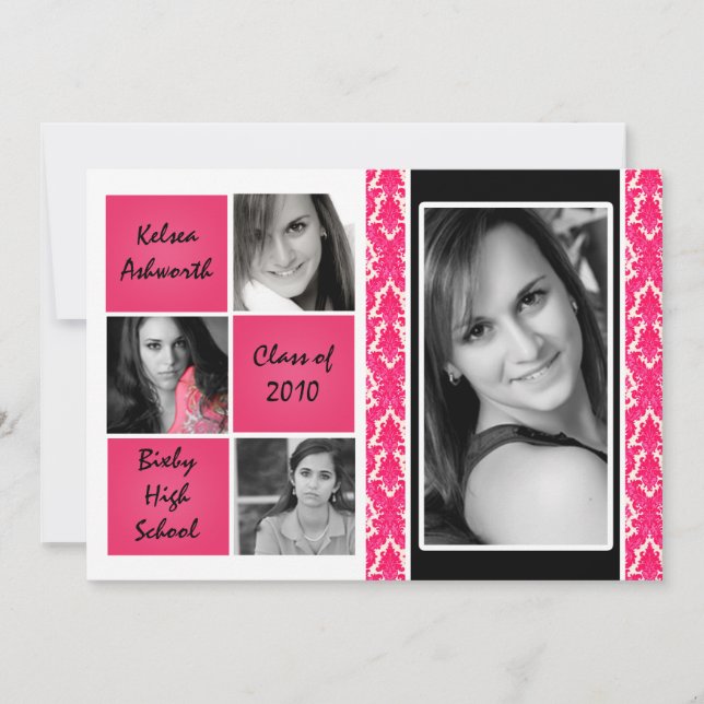 5x7 Pink Damask Photo Graduation Announcement (Front)