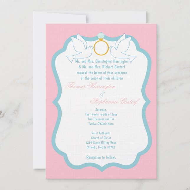 5x7 Pink Dove Diamond Wedding Invitation (Front)