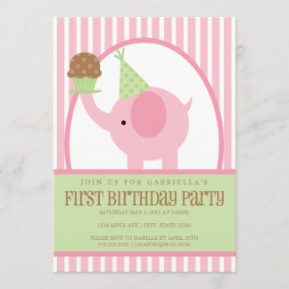 5x7 Pink Elephant Birthday Invitation