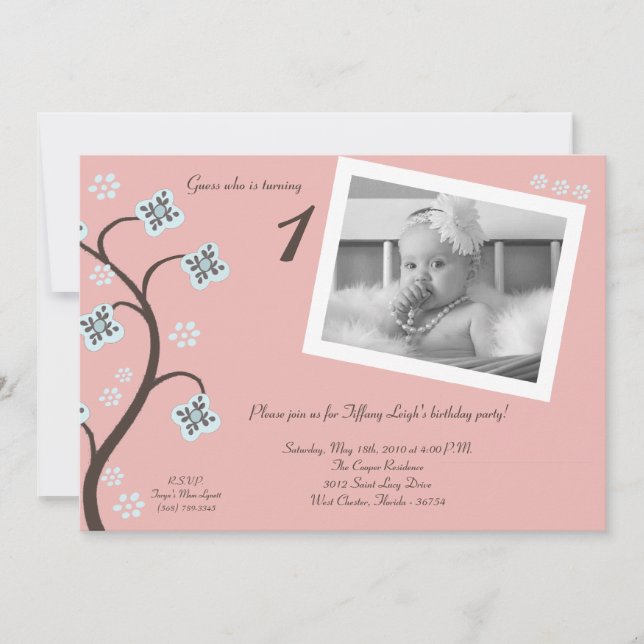 5x7 Pink Floral Photo Birthday Party Invitation (Front)