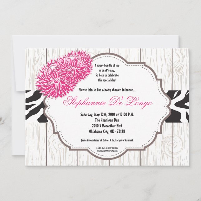 5x7 Pink Flower Zebra Print Baby Shower Invitation (Front)