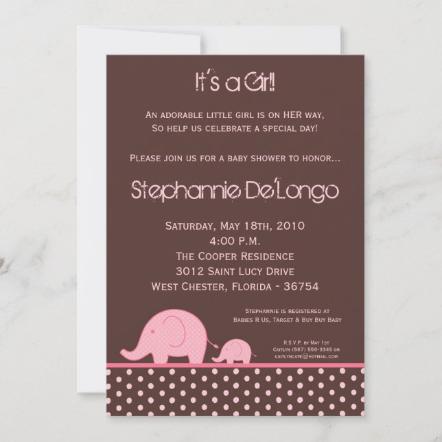 5x7 Pink Girl Mod Elephant Baby Shower Invitation (Front)