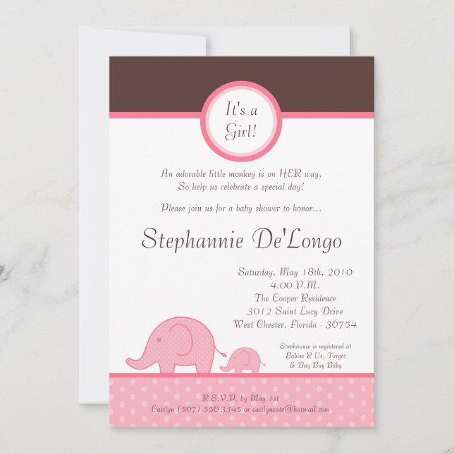 5x7 Pink Girl Mod Elephant Baby Shower Invitation (Front)
