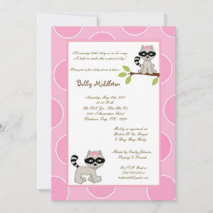 5x7 Pink Girls Racoon Baby Shower Invitation