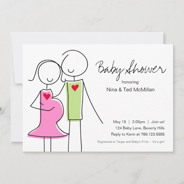 5x7 Pink & Green Coed Baby Shower Invitations (Front)