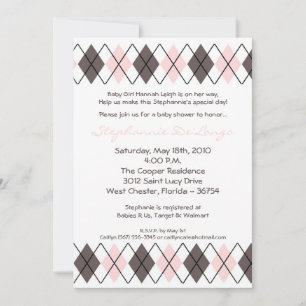 5x7 Pink Grey Argyle Punk Baby Shower Invitation