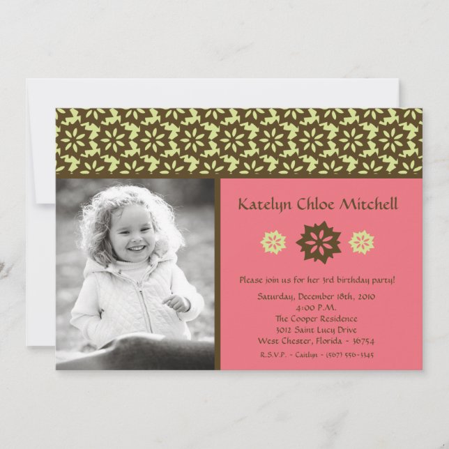 5x7 Pink Lime Dama Photo Birthday Party Invitation (Front)
