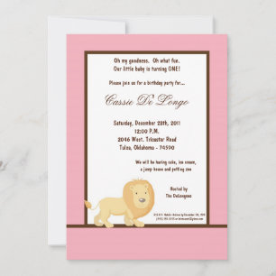 5x7 Pink Lion Birthday Party Invite