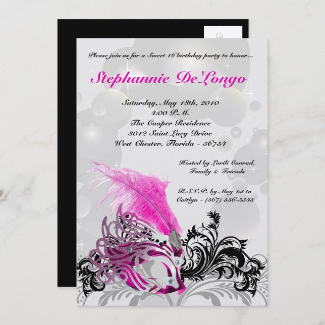 5x7 Pink Masquerade Sweet 16 Birthday Invitation (Front/Back)