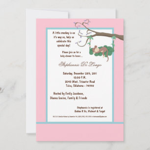 5x7 Pink Monkey Baby Shower Invitation