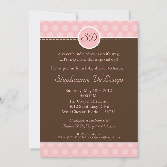 5x7 Pink Monogram Polka Dot Baby Shower Invitation (Front)