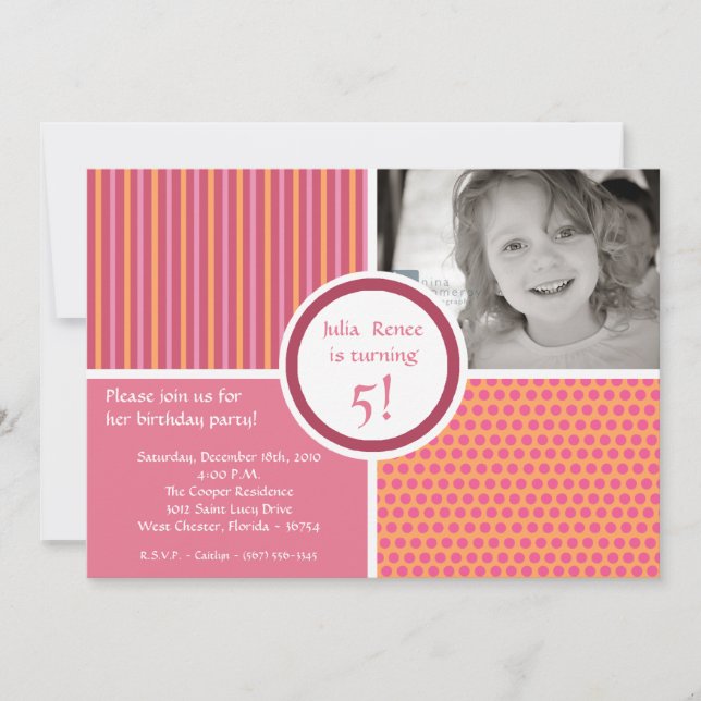 5x7 Pink Orange Photo Birthday Party Invitation (Front)