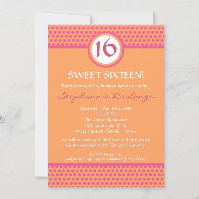 5x7 Pink & Orange Polka Dot 16 Birthday Invitation (Front)