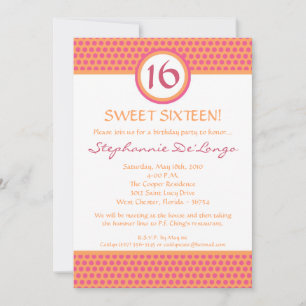 5x7 Pink & Orange Polka Dot 16 Birthday Invitation