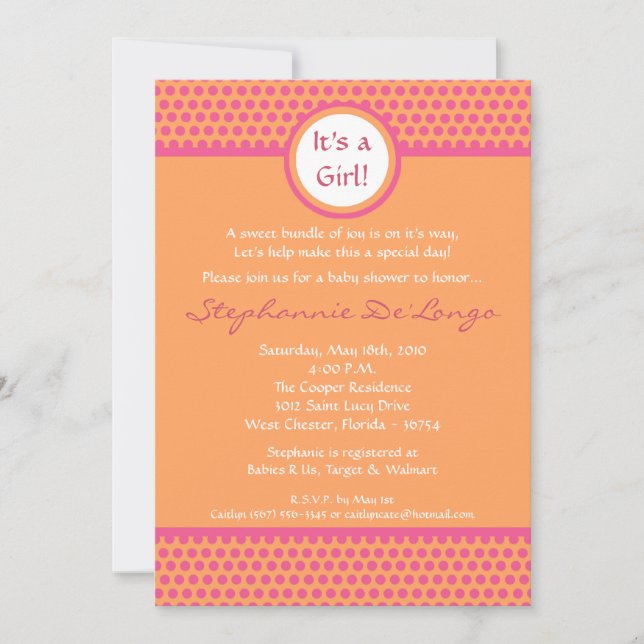 5x7 Pink & Orange Polka Dot Baby Shower Invitation (Front)