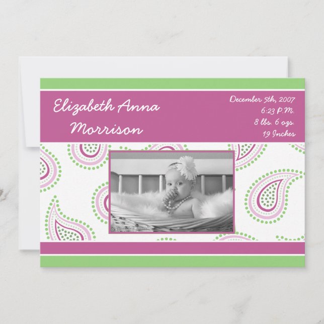 5x7 Pink Paisley Pattern Photo Birth Announcement (Front)